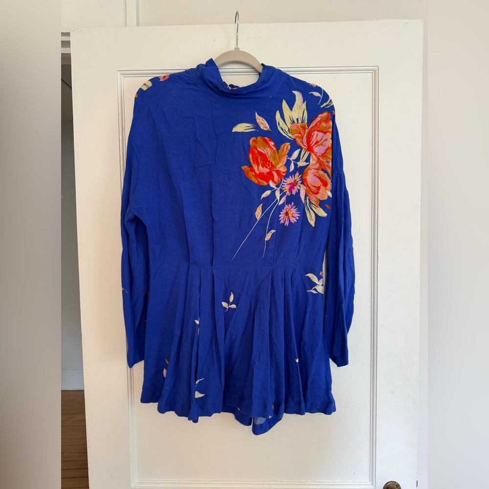 Free People Gemma Long Sleeve Tunic Mini Dress - Blue floral - Size M